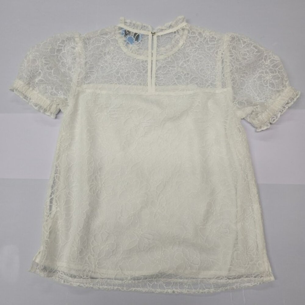 CeCe Womens Lace Puff Sleeve High Neck Top Ivory XS Made in China